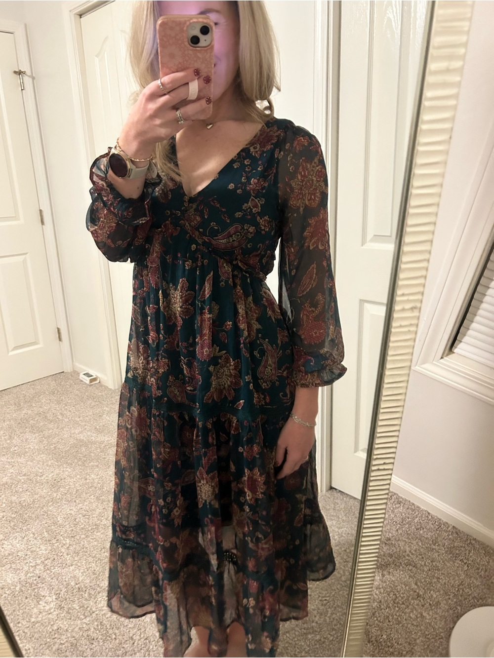 Paisley Tiered Maxi Dress in Deep Teal with Sheer Long Sleeves